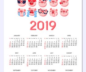 2019 calendar template with cute pig vector 03