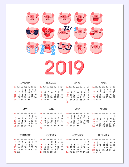 2019 calendar template with cute pig vector 03