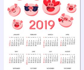 2019 calendar template with cute pig vector 04