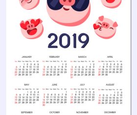 2019 calendar template with cute pig vector 05