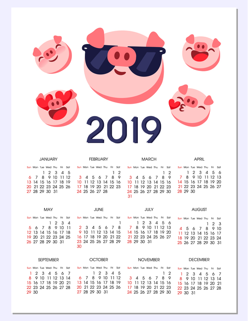 2019 calendar template with cute pig vector 05