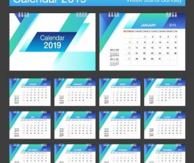 2019 desk calendar template blue styles vectors