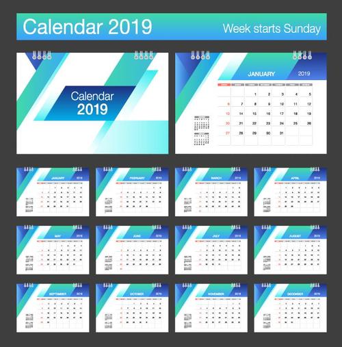 2019 desk calendar template blue styles vectors