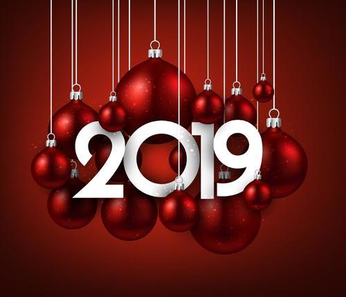 2019 new year red background with red christmas balls vector