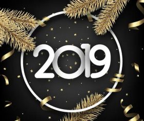 2019 new year with golden ribbon design vector