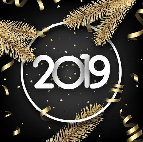 2019 new year with golden ribbon design vector