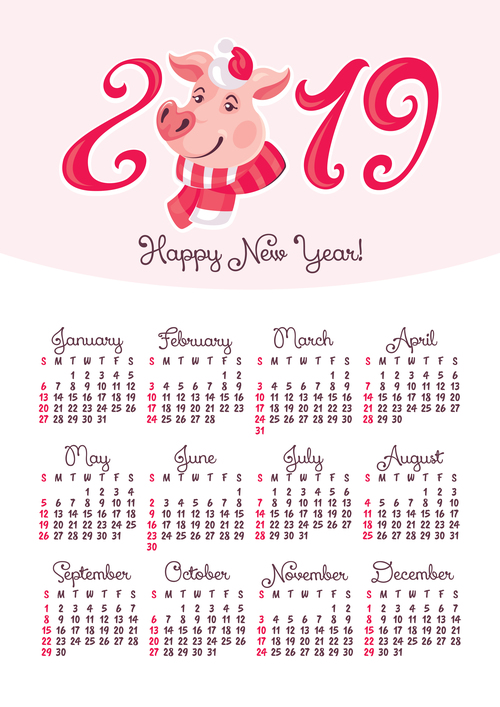 2019 pig year calendar template vector 02
