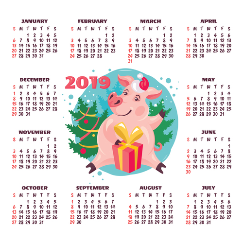 2019 pig year calendar template vector 03