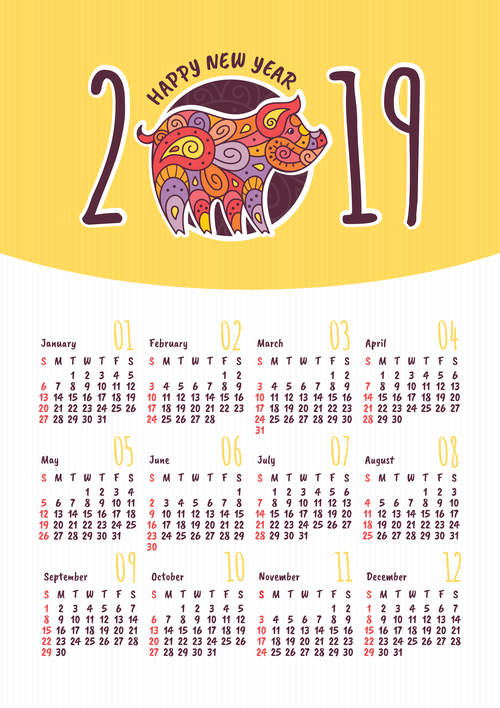 2019 pig year calendar template vector 05