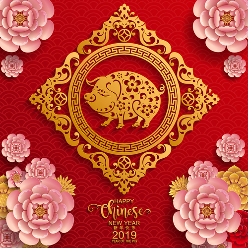 2019 pig year chinese styles design vector material 02