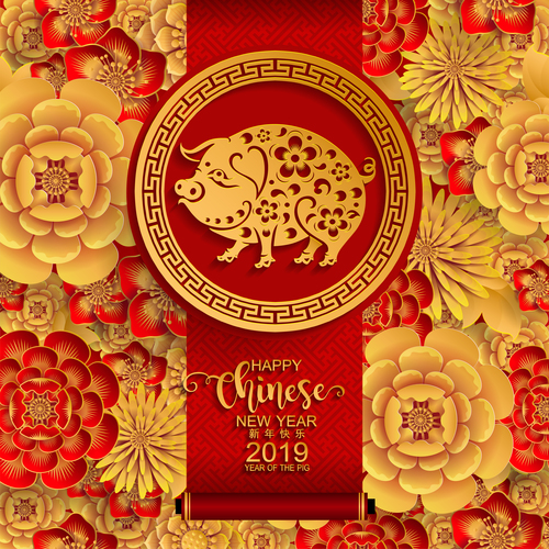 2019 pig year chinese styles design vector material 03