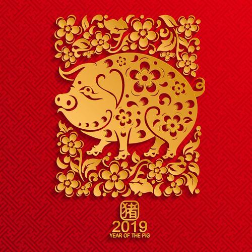 2019 year of the pig red styles vector