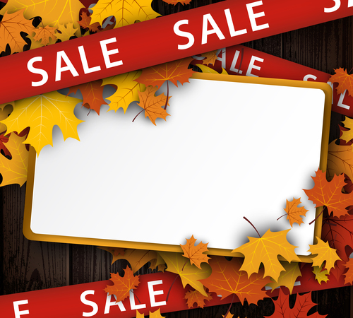 Autumn sale background with ribbon and wood texture vector
