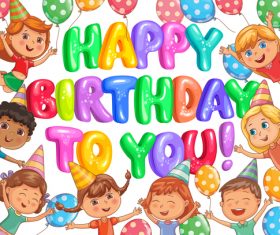 Birthday bright banner with balloons and kids vector 01