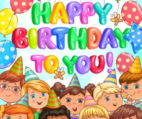 Birthday bright banner with balloons and kids vector 02