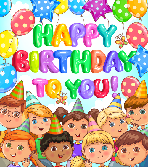 Birthday bright banner with balloons and kids vector 02