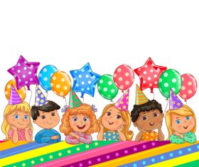 Birthday bright banner with balloons and kids vector 03