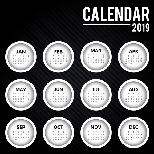 Black 2019 calendar round template vector 01