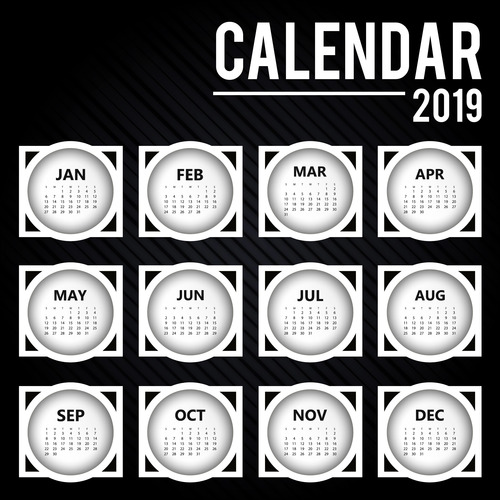 Black 2019 calendar round template vector 02
