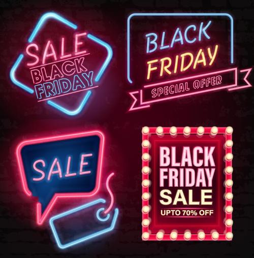 Black firday sale neon logos vector