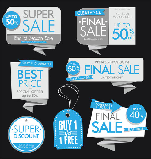Blue sale banners and labels vector set