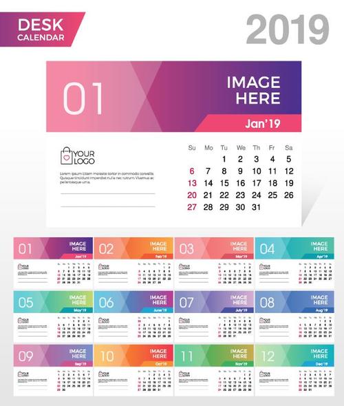 Bright 2019 desk calendar template vectors