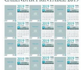 Calendar printable 2019 vector template