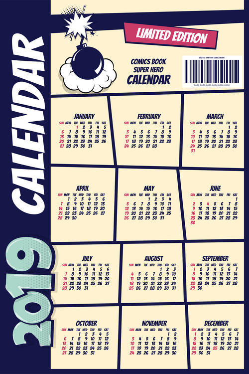Cartoon styles 2019 calendar template vectors 01