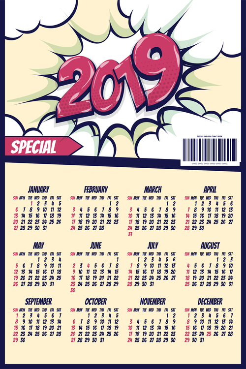 Cartoon styles 2019 calendar template vectors 02