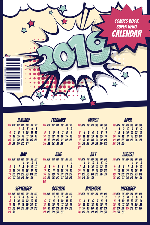 Cartoon styles 2019 calendar template vectors 03
