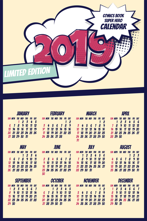 Cartoon styles 2019 calendar template vectors 04