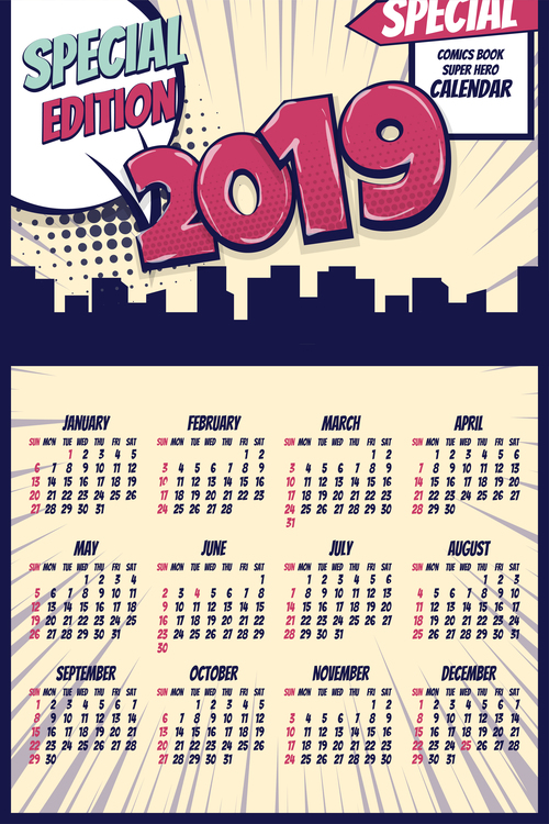 Cartoon styles 2019 calendar template vectors 05