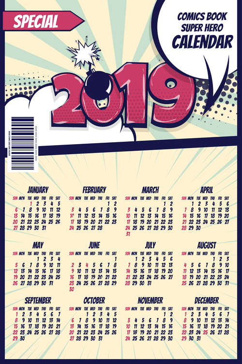 Cartoon styles 2019 calendar template vectors 06
