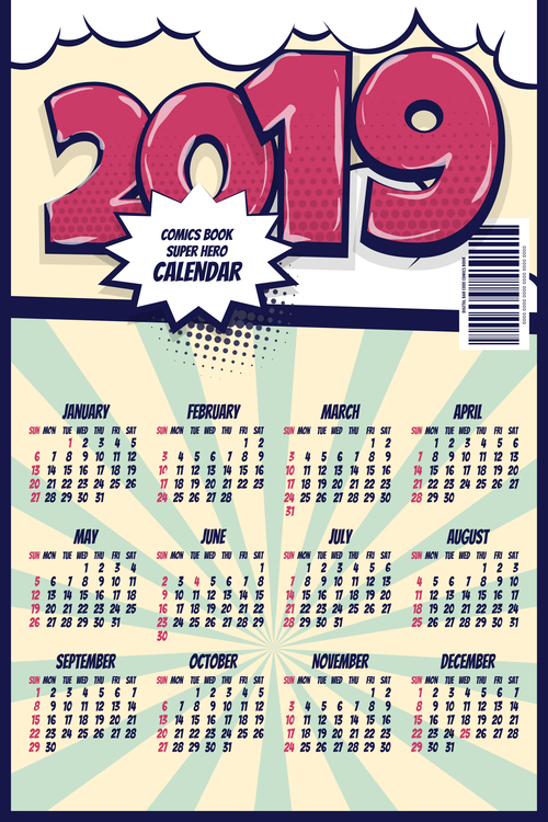 Cartoon styles 2019 calendar template vectors 08