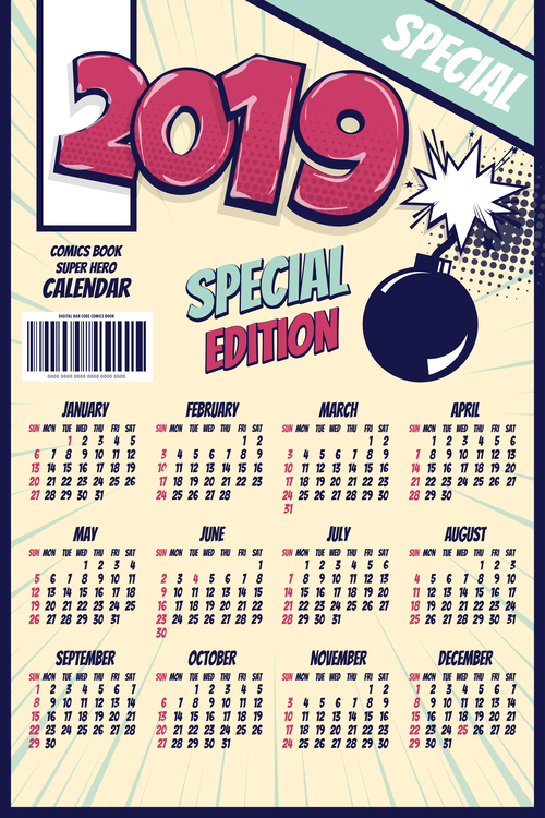 Cartoon styles 2019 calendar template vectors 09