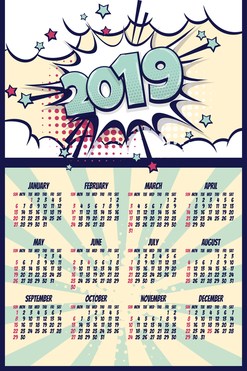 Cartoon styles 2019 calendar template vectors 10