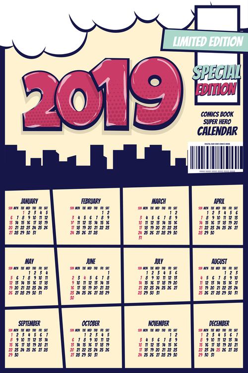 Cartoon styles 2019 calendar template vectors 11