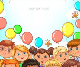 Children portraits and balloons banner with place for your text vector