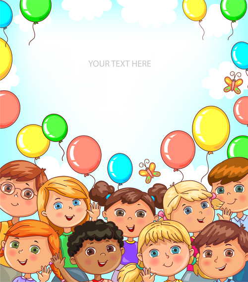 Children portraits and balloons banner with place for your text vector