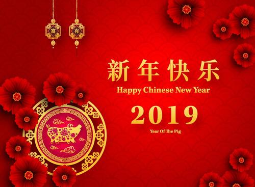 Chinese styles 2019 new year red background vector 01