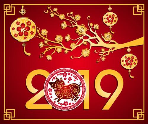 Chinese styles 2019 new year red background vector 04