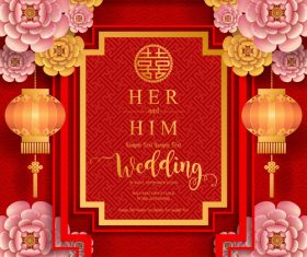 Chinese styles red wedding card template vector 01