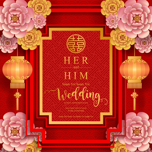 Chinese styles red wedding card template vector 01