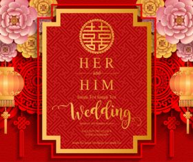 Chinese styles red wedding card template vector 02