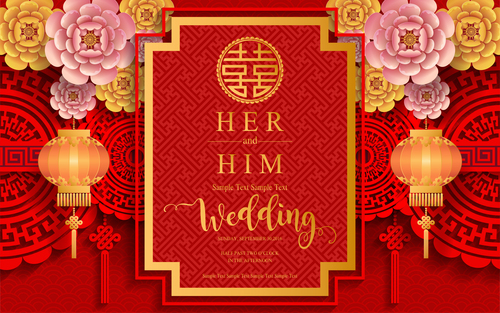 Chinese styles red wedding card template vector 02