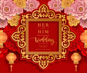 Chinese styles red wedding card template vector 03