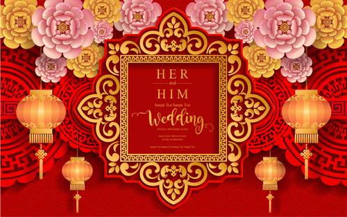 Chinese styles red wedding card template vector 03
