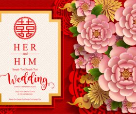 Chinese styles red wedding card template vector 04