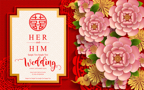 Chinese styles red wedding card template vector 04