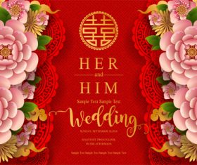 Chinese styles red wedding card template vector 05